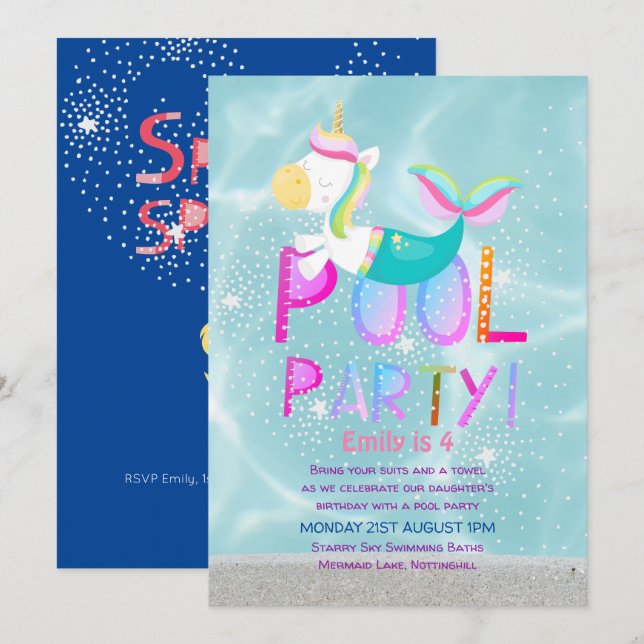Invitación Chicas de Purpurinas rosados de Fiesta de POL Unic (Anverso / Reverso)