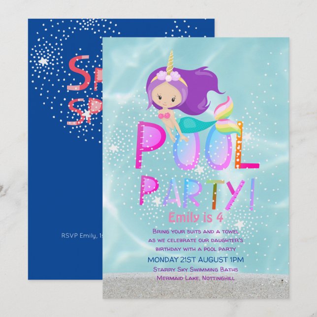 Invitación Chicas de Purpurinas rosados de Fiesta de POL Unic (Anverso / Reverso)