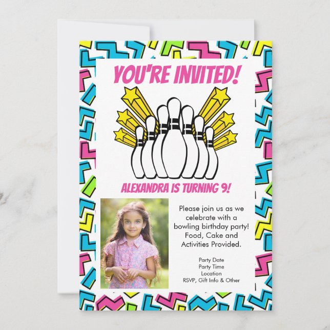 Invitación Chicas de Retro Stars Foto Fiesta de bolos Cumplea (Anverso)