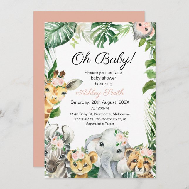 Invitación Chicas de Safari Animals Greenery Baby Shower (Anverso / Reverso)