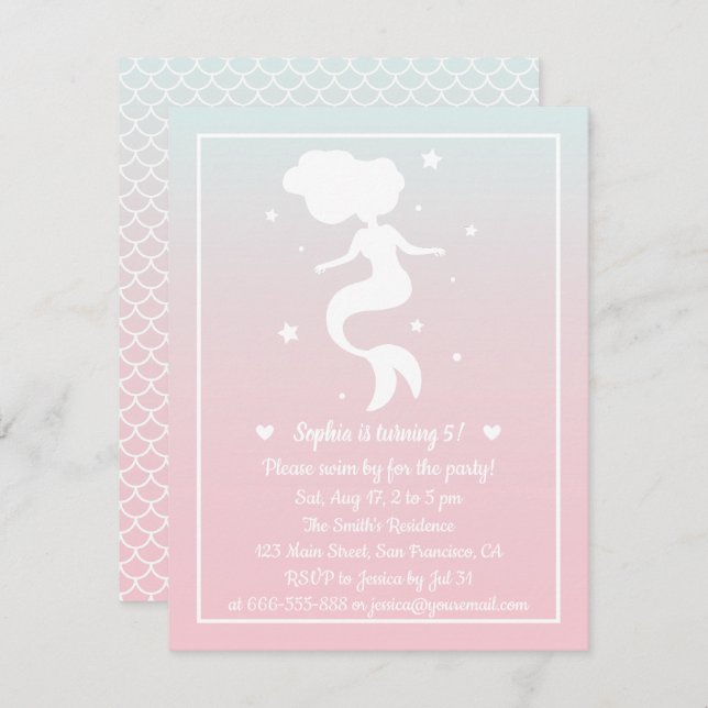 Invitación Chicas de silueta de sirena Ombre Fiesta de cumple (Anverso / Reverso)