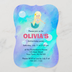 Invitación Chicas de sirena de Bonito lindo color azul cumple