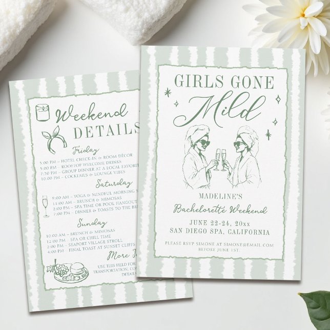 Invitación Chicas de soltera se fueron con franjas de mano su (girls gone mild invitation bachelorette weekend itinerary sage green spa hand drawn stripes)