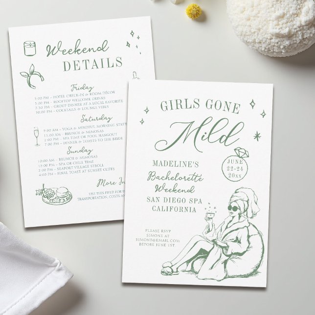 Invitación Chicas de soltera se fueron con un guion suave de  (girls gone mild invitation bachelorette weekend itinerary sage green spa hand drawn script doodle)