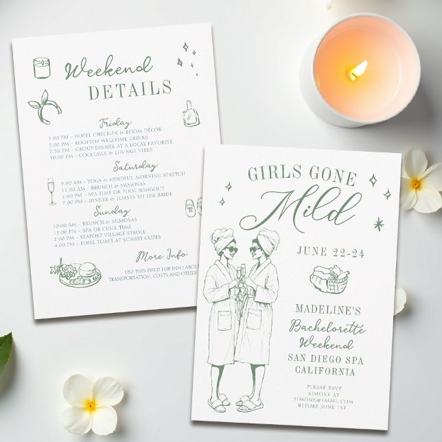 Invitación Chicas de soltera se fueron con un guión suave dib (girls gone mild invitation bachelorette weekend itinerary sage green spa hand drawn script sketch)