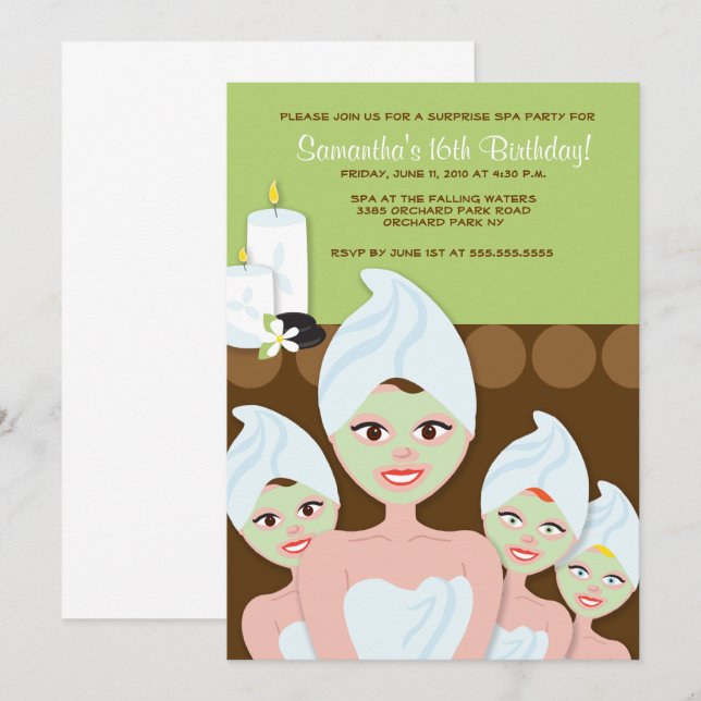 Invitación Chicas de SPA FIESTA Cumpleaños o Ducha de Novias  (Anverso / Reverso)