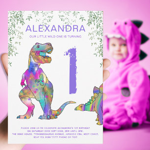 Invitación Chicas de T. rex Primer cumpleaños Fiesta púrpura