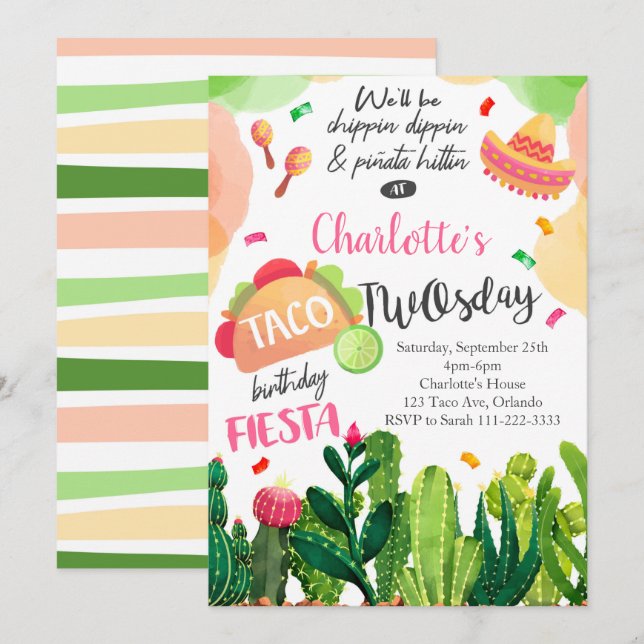 Invitación Chicas de Taco Rosado invitan al cumpleaños Fiesta (Anverso / Reverso)