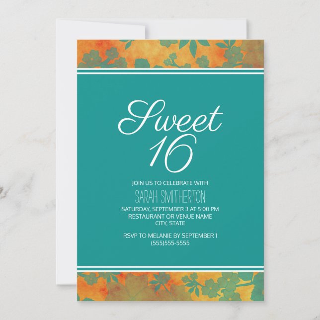Invitación Chicas de Teal Naranja Floral Dulces 16 (Anverso)