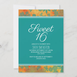 Invitación Chicas de Teal Naranja Floral Dulces 16