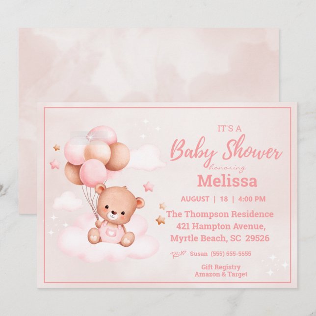 Invitación Chicas de Teddy Bear Balloons Baby Shower (Anverso / Reverso)