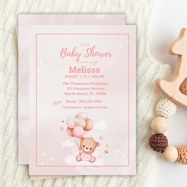 Invitación Chicas de Teddy Bear Balloons Baby Shower (Subido por el creador)