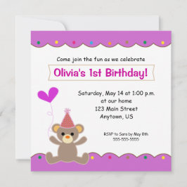 Invitación Chicas de Teddy Bear Primer Fiesta de cumpleaños