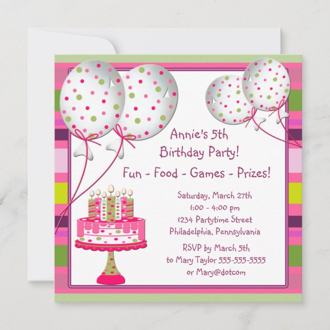 Invitación Chicas de torta de globos 4º Fiesta de cumpleaños (Anverso)