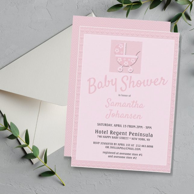 Invitación Chicas de transporte de bebé rosado Baby Shower (Cute Pink Baby Carriage Baby Shower Invitation)