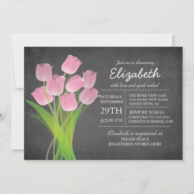 Invitación Chicas de Tulipanes Rosados de Chalkboard Moderno  (Anverso)