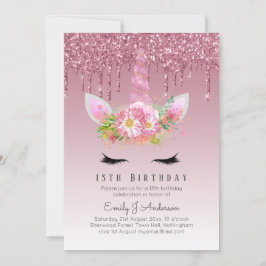 Invitación Chicas de Unicornio Purpurina Rosa de LeahG invita