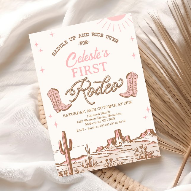 Invitación Chicas de vaca rosadas marrón botan primer rodeo p (First Rodeo Birthday Invitation Card, Cowgirl 1st Birthday Invitation Rodeo Template, Pink Western)