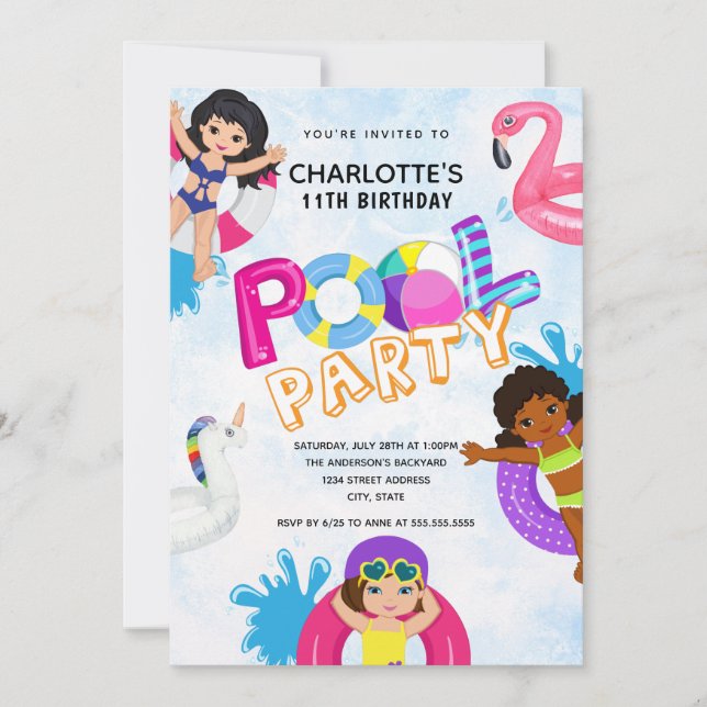 Invitación Chicas de verano 11 Fiesta de la piscina de cumple (Anverso)