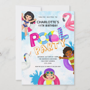 Invitación Chicas de verano 11 Fiesta de la piscina de cumple