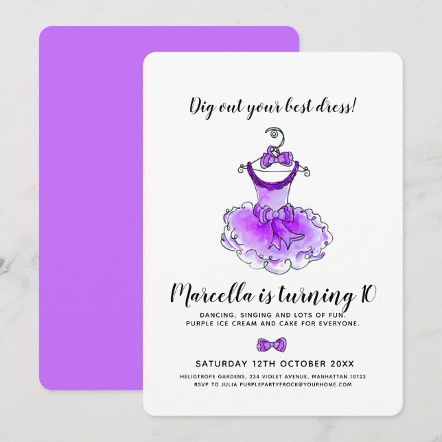 Invitación Chicas de vestimenta fiesta morado 10 cumpleaños (Anverso / Reverso)