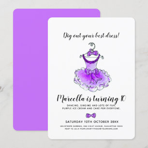 Invitación Chicas de vestimenta fiesta morado 10 cumpleaños