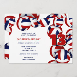 Invitación chicas de voleibol azul rojo fiesta de cumpleaños 
