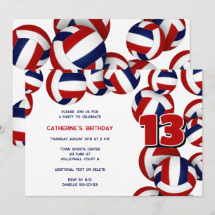 Invitación chicas de voleibol azul rojo fiesta de cumpleaños 