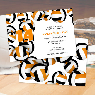 Invitación chicas de voleibol negro naranja fiesta de cumplea