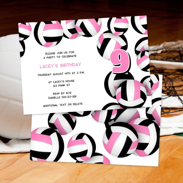 Invitación chicas de voleibol negro rosa fiesta de cumpleaños (front & back views)