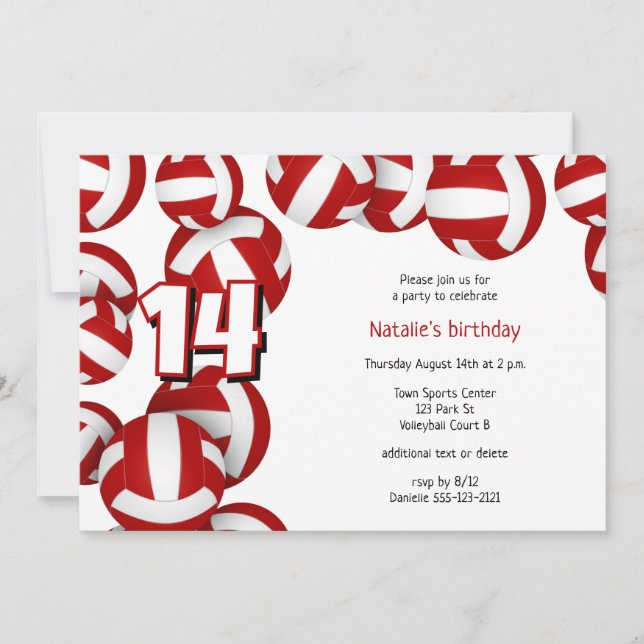 Invitación chicas de voleibol rojo fiesta de cumpleaños de ni (Anverso)