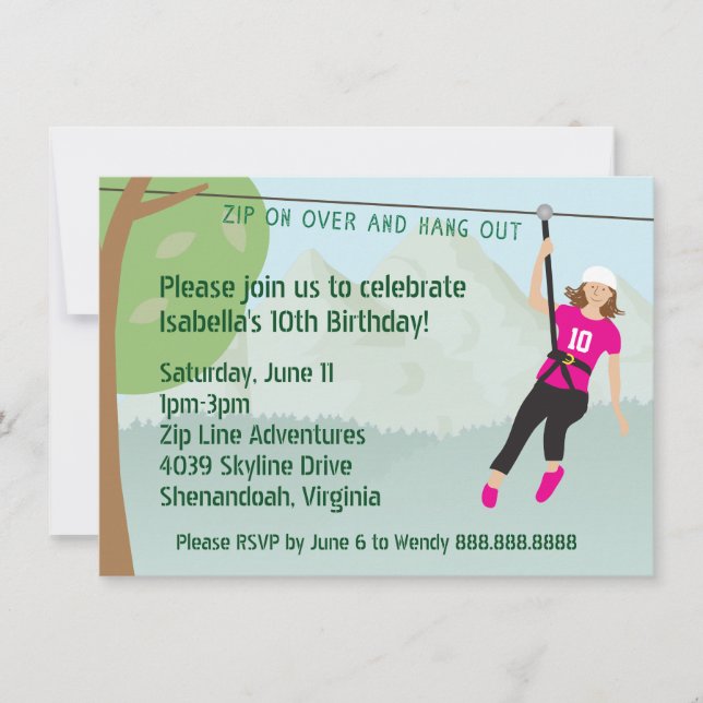 Invitación Chicas de Zip Line Lining Birday Party Invita (Anverso)