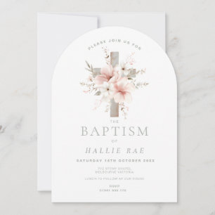 Invitación Chicas del bautismo invitan cruz floral rosada arc