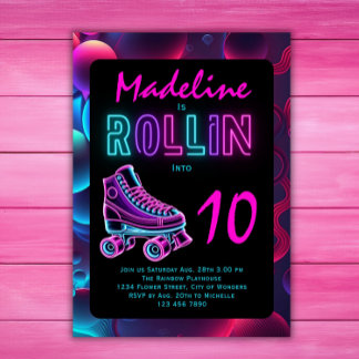 Invitación Chicas del Fiesta de patinaje sobre ruedas Neon Gl