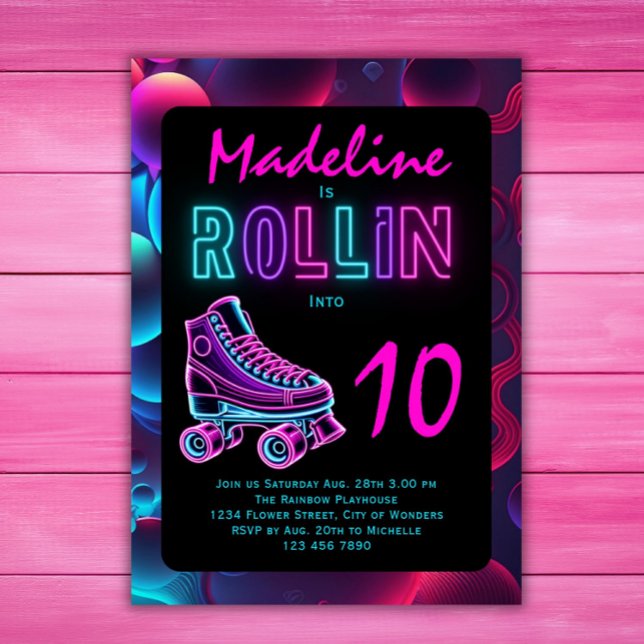 Invitación Chicas del Fiesta de patinaje sobre ruedas Neon Gl (Subido por el creador)