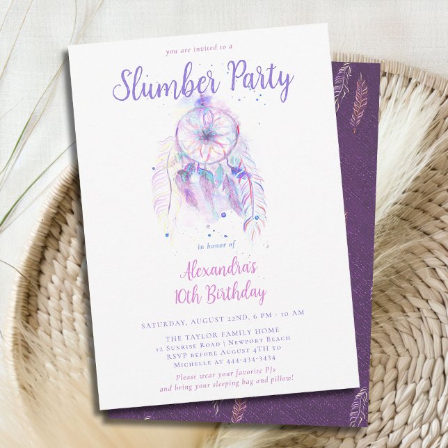 Invitación Chicas del Fiesta del sueño púrpura Catcher Cumple (girls slumber party invitation birthday pj sleep over dream catcher pink purple watercolor feathers )