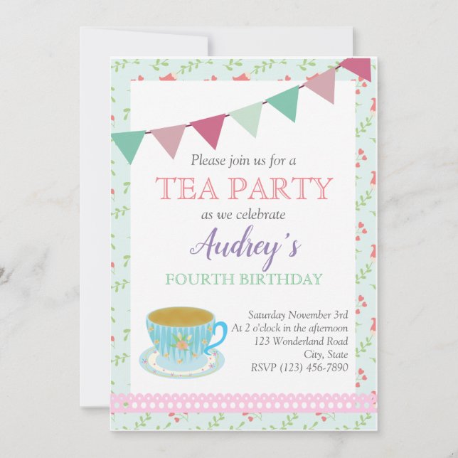 Invitación Chicas del Fiesta del té Cumpleaños Shabby Chic Ta (Anverso)