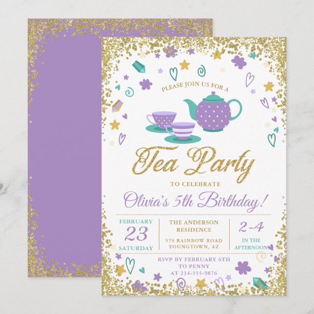 Invitación Chicas del Fiesta del té de la Purpurina Purple Go (Anverso / Reverso)