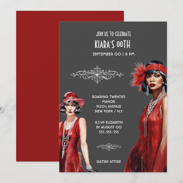 Invitación Chicas del flapor gris rojo tema Gatsby melanina b (Anverso / Reverso)