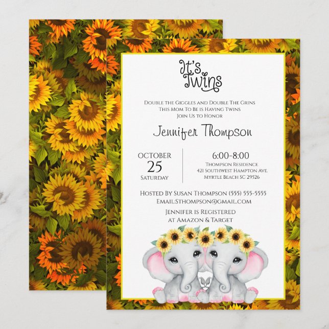 Invitación Chicas del girasol Twin Elephant Baby Shower (Anverso / Reverso)