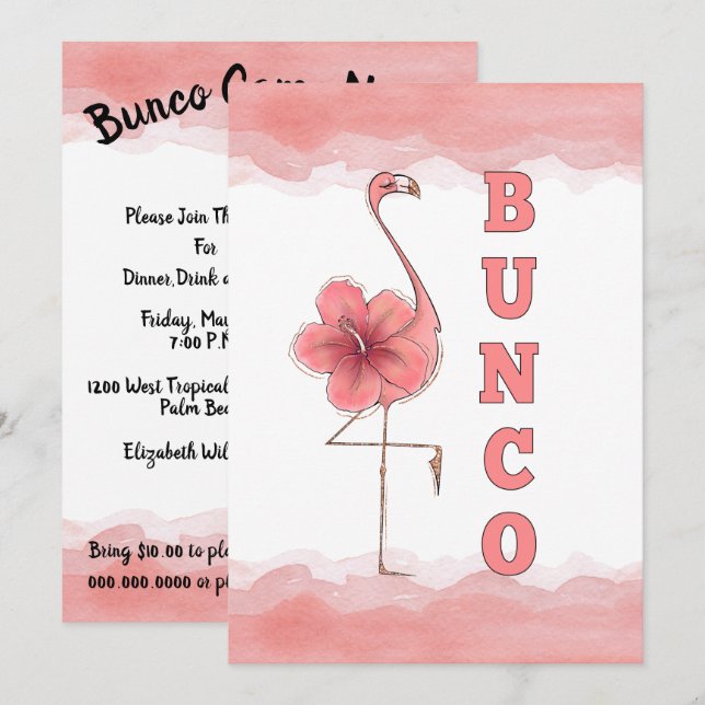 Invitación Chicas del juego Bunco Noche Fuera Flamingo Rosado (Anverso / Reverso)