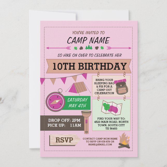 Invitación CHICAS del PARTIDO CUMPLEAÑOS invitan a un campame (Anverso)