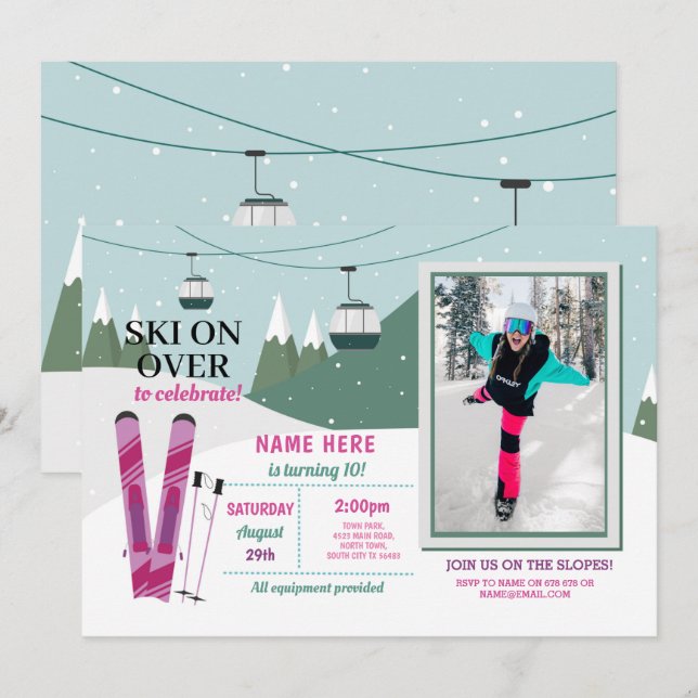 Invitación Chicas del partido del cumpleaños esquiando Ski Sn (Anverso / Reverso)