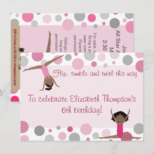 Invitación Chicas del pelo oscuro del fiesta de la gimnasia (Anverso / Reverso)