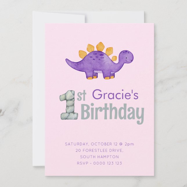 Invitación Chicas del primer cumpleaños del Stegosaurus Cute  (Anverso)