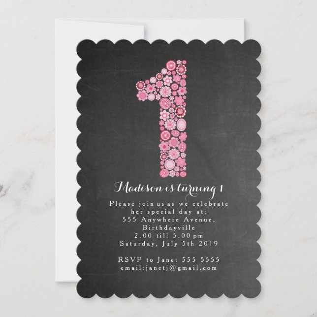 Invitación Chicas del tablero de ajedrez Pink Floral Primer F (Anverso)