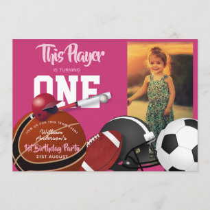 Invitación Chicas Deportes Primer Cumpleaños Béisbol Rosa Inv