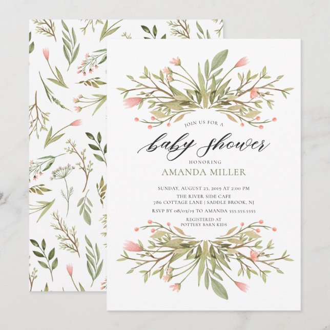 Invitación Chicas deprimentes Floral rosa y Baby Shower de ve (Anverso / Reverso)