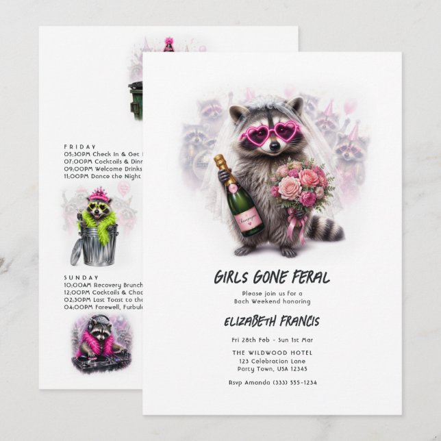 Invitación Chicas Desbocadas Cumpleaños de Soltera Mapache Di (Anverso / Reverso)