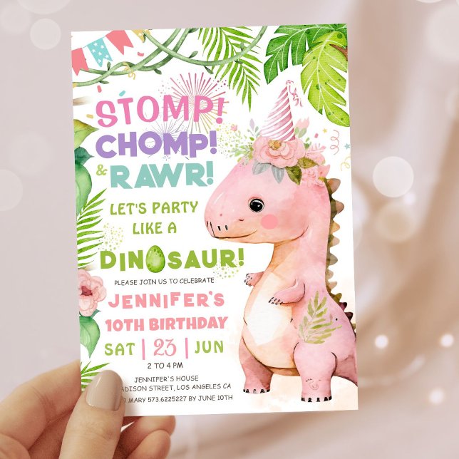 Invitación Chicas Dinosaurio 1000 Fiesta de Cumpleaños Cute D (#DinosaurBirthdayInvitation #DinosaurBirthdayInvite #GirlDinosaurBirthdayInvitation
)